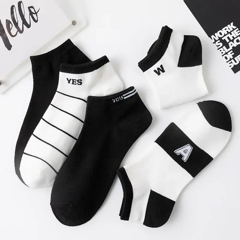 5/10Pairs Spring Summer Men Short Socks Fashion Black White Letters Design Socks Ultra Thin Mesh Breathable Women Ankle Socks