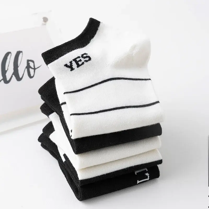 5/10Pairs Spring Summer Men Short Socks Fashion Black White Letters Design Socks Ultra Thin Mesh Breathable Women Ankle Socks