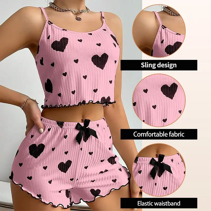 Women's Pajamas Set Sleepwear 2 PCS Short Tank Tops And Shorts S M L XL White Ventilate Soft Casual Love Printing Nightgown