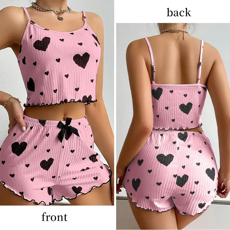 Women's Pajamas Set Sleepwear 2 PCS Short Tank Tops And Shorts S M L XL White Ventilate Soft Casual Love Printing Nightgown