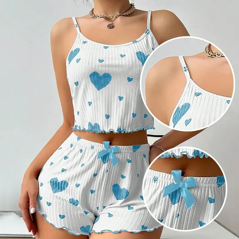 Women's Pajamas Set Sleepwear 2 PCS Short Tank Tops And Shorts S M L XL White Ventilate Soft Casual Love Printing Nightgown