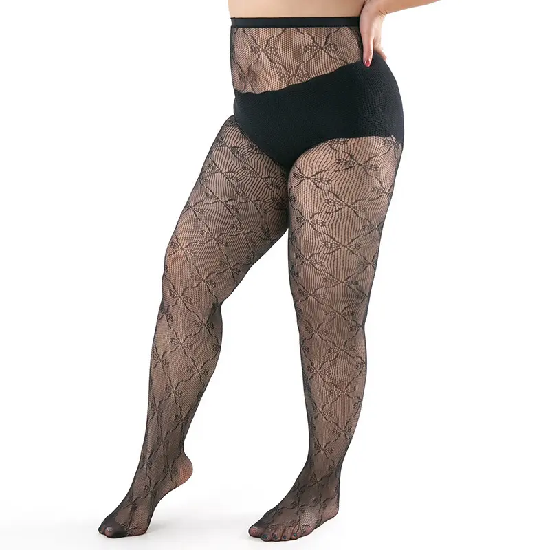 Plus Size Lace Fishnet Stockings Female Summer Ultra Thin Bowknot Print Tights Leggings Female High Waist Chain Net Pantyhose