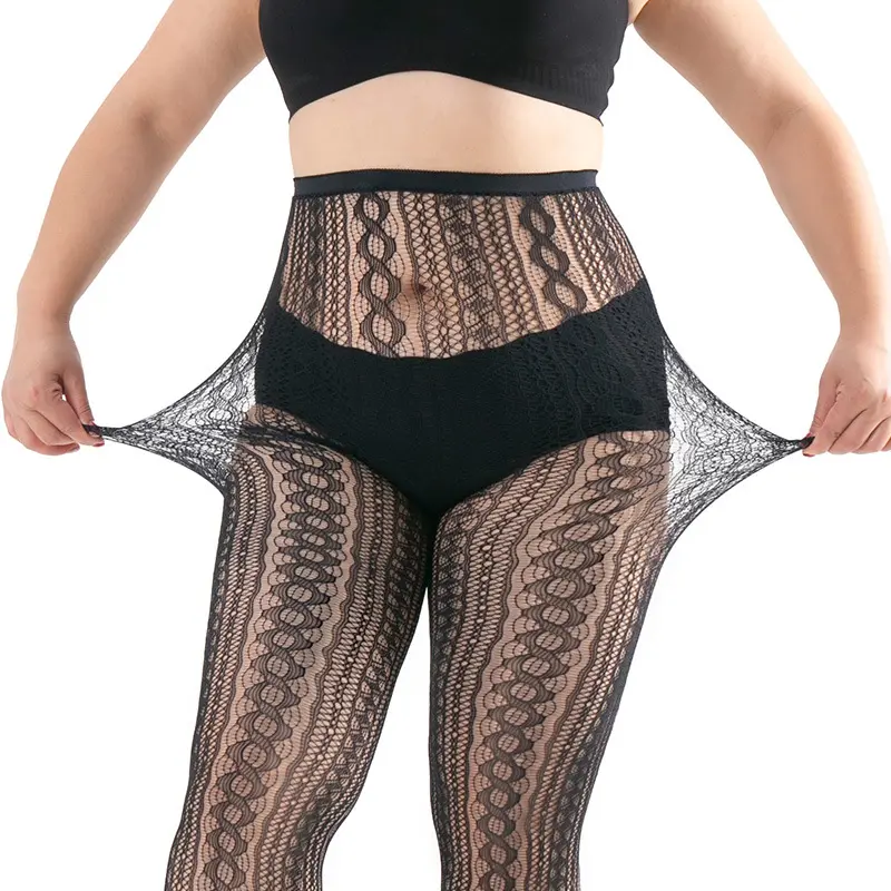 Plus Size Lace Fishnet Stockings Female Summer Ultra Thin Bowknot Print Tights Leggings Female High Waist Chain Net Pantyhose