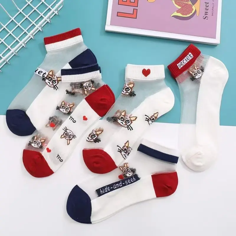 5Pairs/lot Summer Women Socks Black and White Cat Glass Silk Breathable Female Socks Simple Short Socks Cute Cartoon Cat Socks