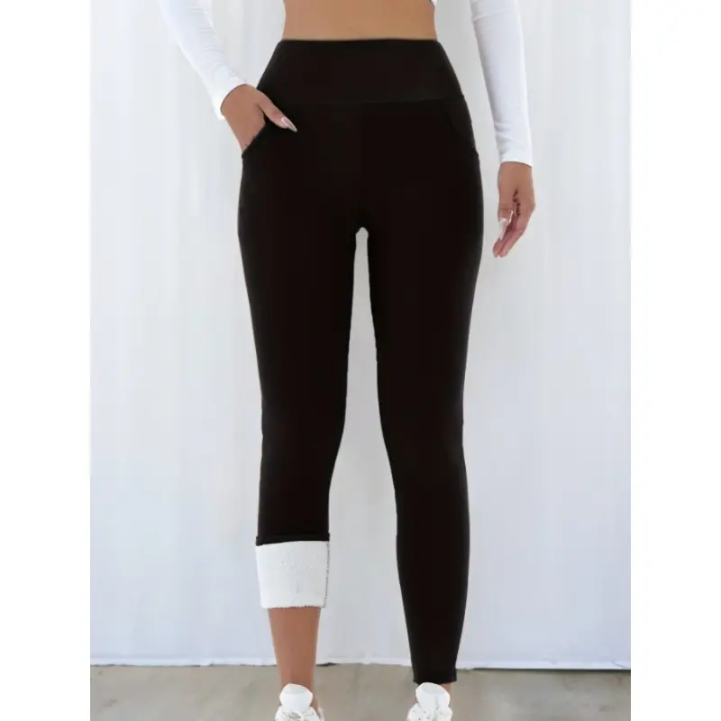 Women Winter Thicken Fleece Lined Leggings With Pockets High Waist Elastic Cozy Warm Tights Pants Slim Velvet Leggings Pants