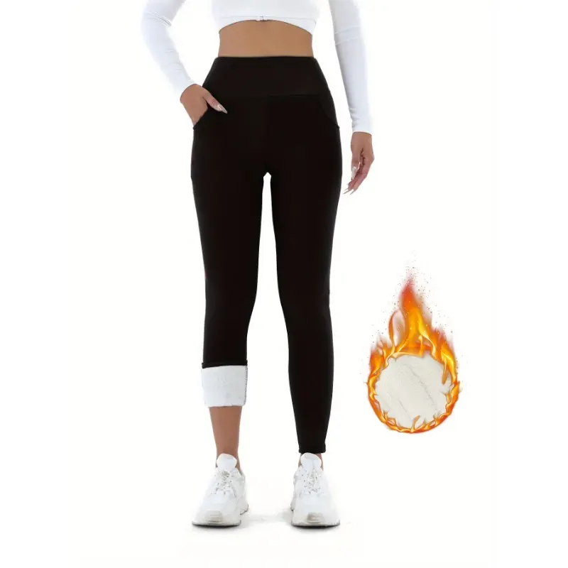 Women Winter Thicken Fleece Lined Leggings With Pockets High Waist Elastic Cozy Warm Tights Pants Slim Velvet Leggings Pants