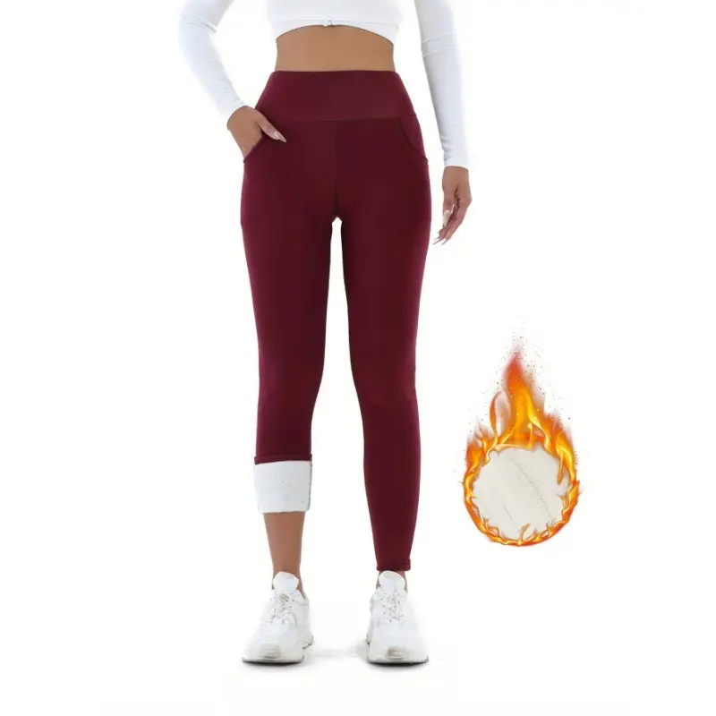 Women Winter Thicken Fleece Lined Leggings With Pockets High Waist Elastic Cozy Warm Tights Pants Slim Velvet Leggings Pants