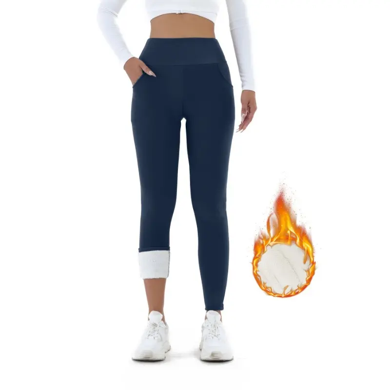 Women Winter Thicken Fleece Lined Leggings With Pockets High Waist Elastic Cozy Warm Tights Pants Slim Velvet Leggings Pants