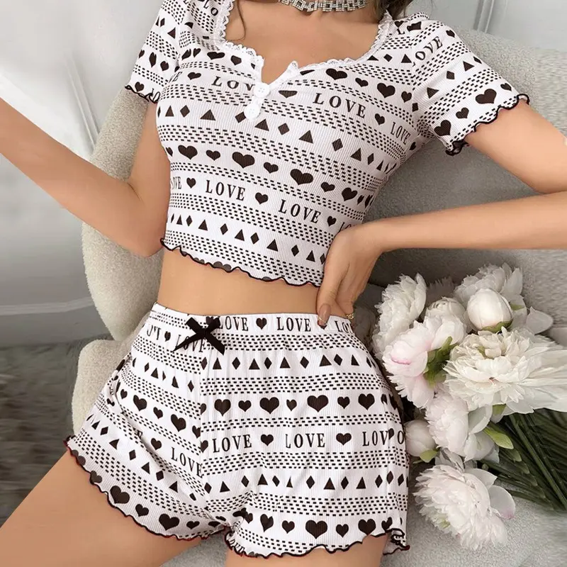 Women's Pajamas Set Sleepwear 2 PCS Short Crop Tops And Shorts S M L XL White Ventilate Soft Casual Love Printing Nightgown Set