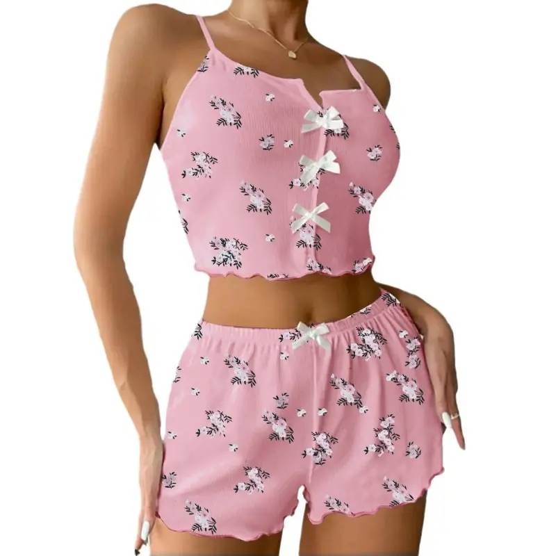 2Pcs Set Sleepwear Women's Summer Pajama Set Flower Print Sexy Ribbed Bow Decor V Neck Backless Crop Cami Top Shorts Nightwear