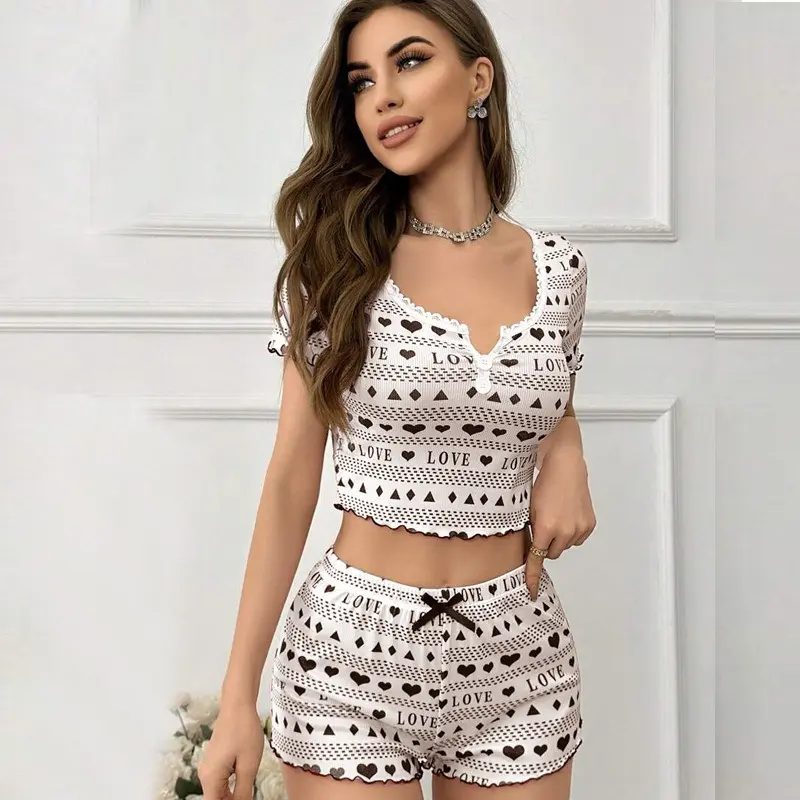 Women's Pajamas Set Sleepwear 2 PCS Short Crop Tops And Shorts S M L XL White Ventilate Soft Casual Love Printing Nightgown Set
