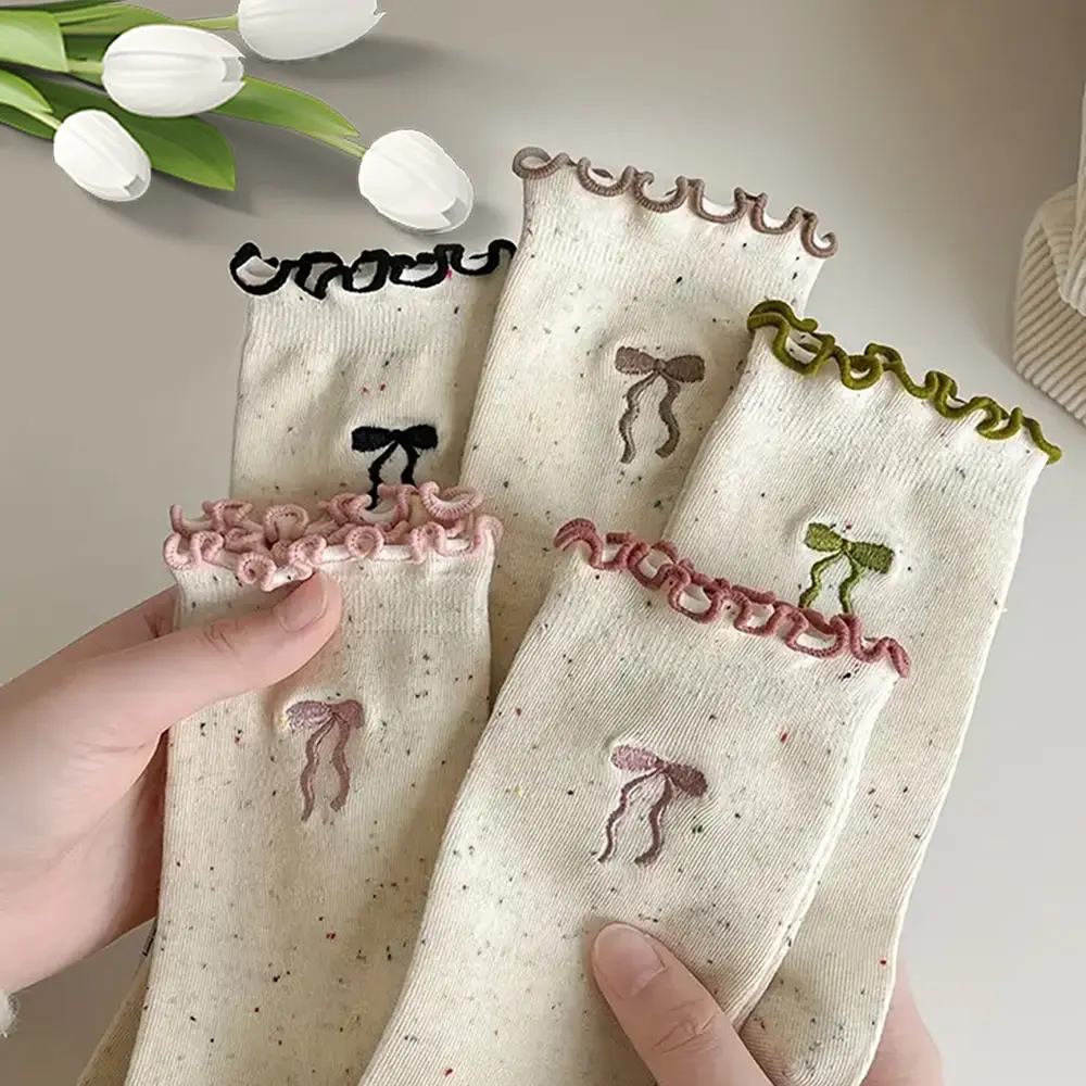 Cute Bowknot Socks For Women Autumn Winter 5/10 Pairs Ruffles Middle Tubes Casual Socks Fashion Korean Harajuku Women Socks