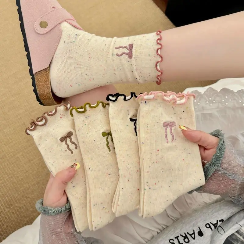 5/10 Pairs Cute Bowknot Socks For Women Autumn Winter Ruffles Middle Tubes Casual Socks Fashion Korean Harajuku Women Socks