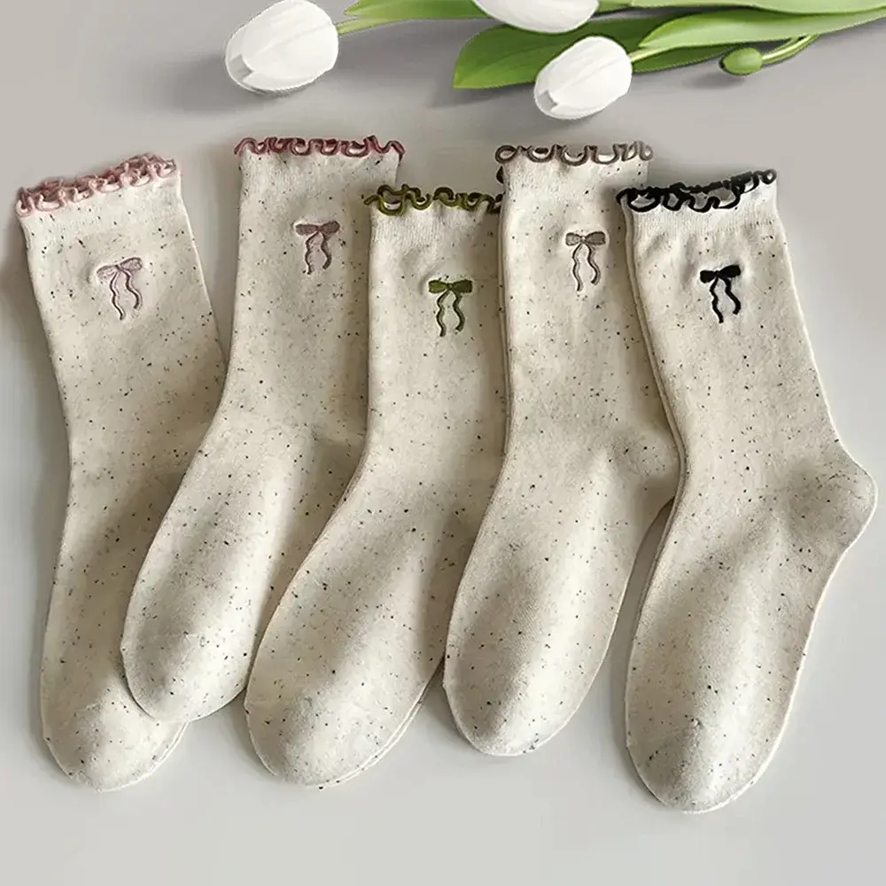 5/10 Pairs Cute Bowknot Socks For Women Autumn Winter Ruffles Middle Tubes Casual Socks Fashion Korean Harajuku Women Socks