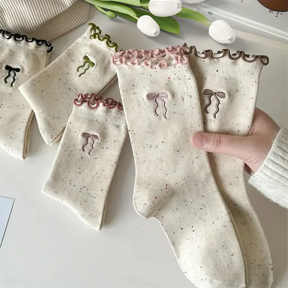 5/10 Pairs Cute Bowknot Socks For Women Autumn Winter Ruffles Middle Tubes Casual Socks Fashion Korean Harajuku Women Socks