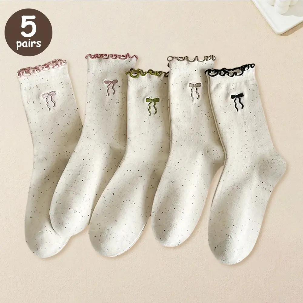 5/10 Pairs Cute Bowknot Socks For Women Autumn Winter Ruffles Middle Tubes Casual Socks Fashion Korean Harajuku Women Socks