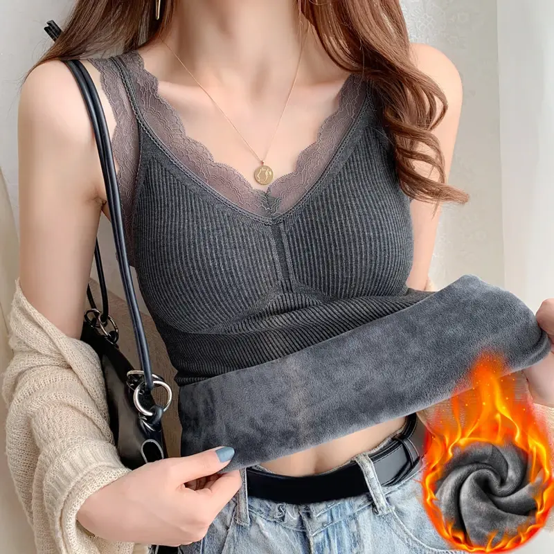 Thermal Underwear Inner Vest For Women Warm Winter Sexy Lace Sleeveless Tank Tops Padded Bra Thermo Thick Slimming Undershirt
