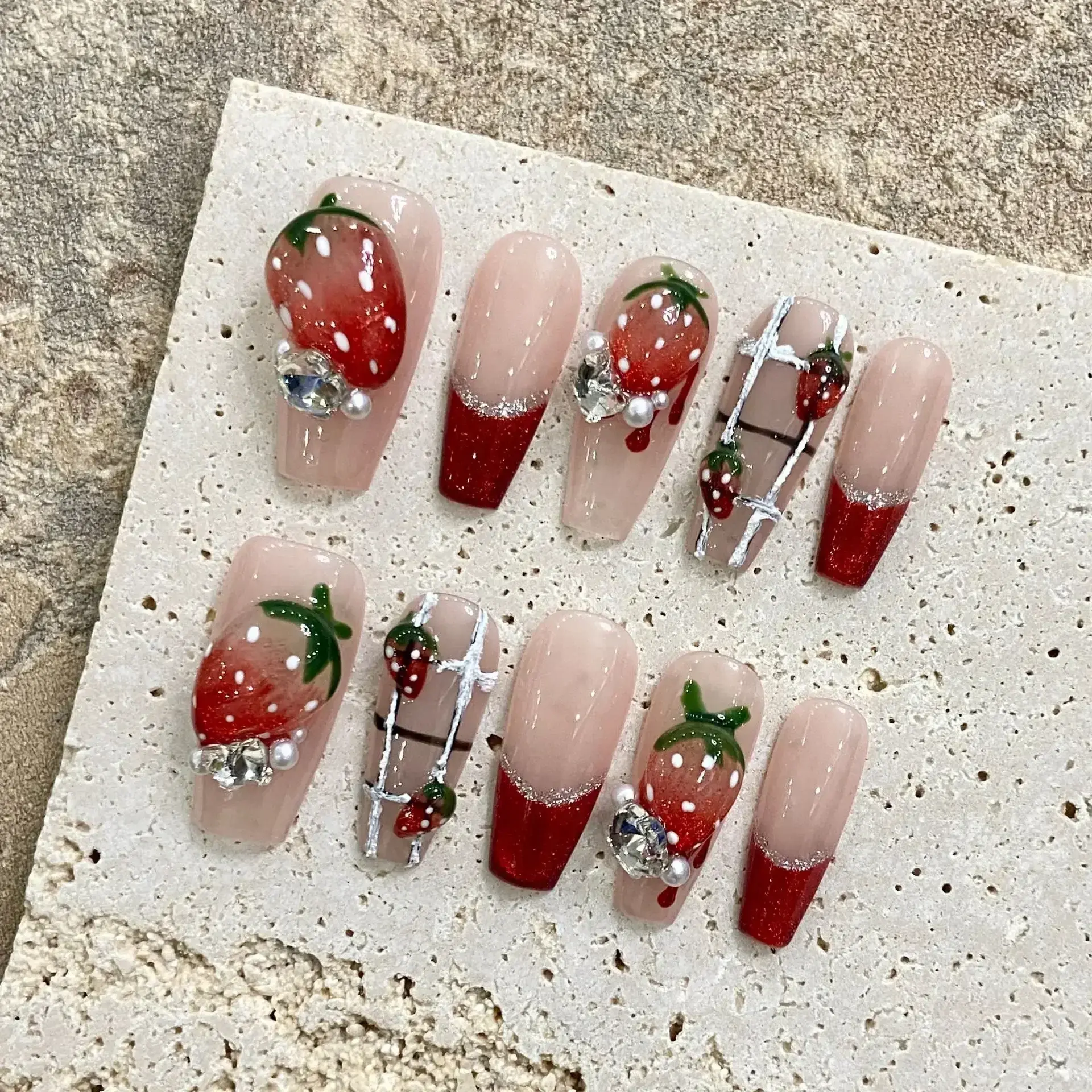 10Pcs Pink French Y2k Nail Tips Long Ballet Handmade Fake Nail Wearable False Nails with Rhinestone Press on Nails Manicure
