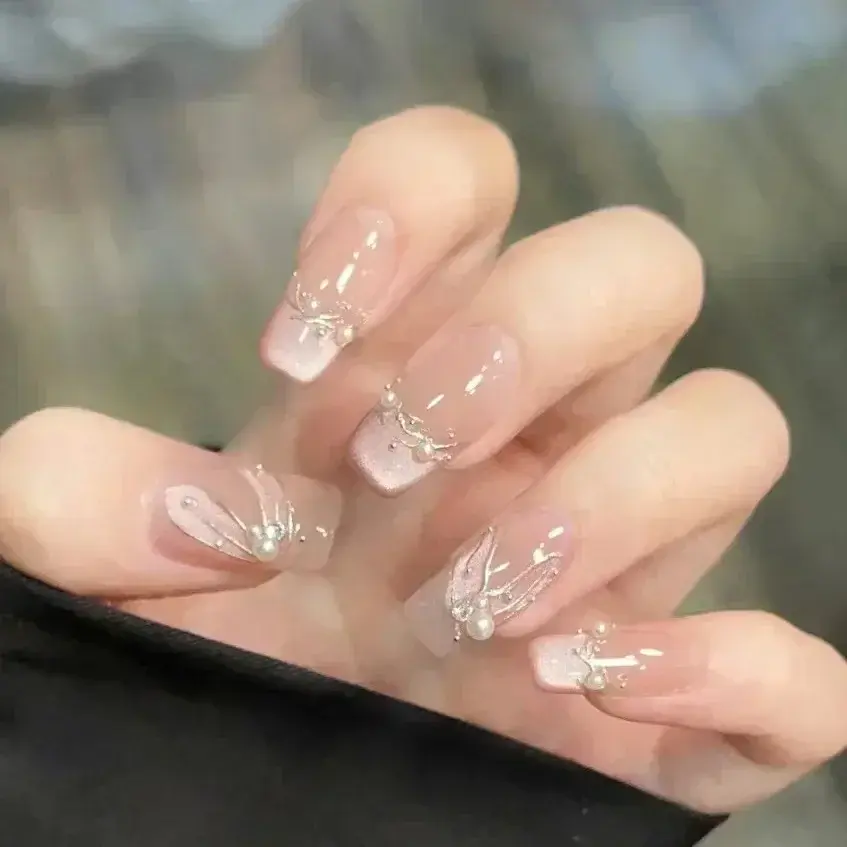 10Pcs Pink French Y2k Nail Tips Long Ballet Handmade Fake Nail Wearable False Nails with Rhinestone Press on Nails Manicure