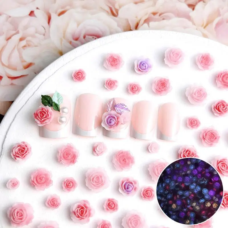 50pcs Luminous Mixed Resin Rose Flower Nail Art Charms DIY Simulated Flower Series Nail Art Decoration Manicure DIY Crafts