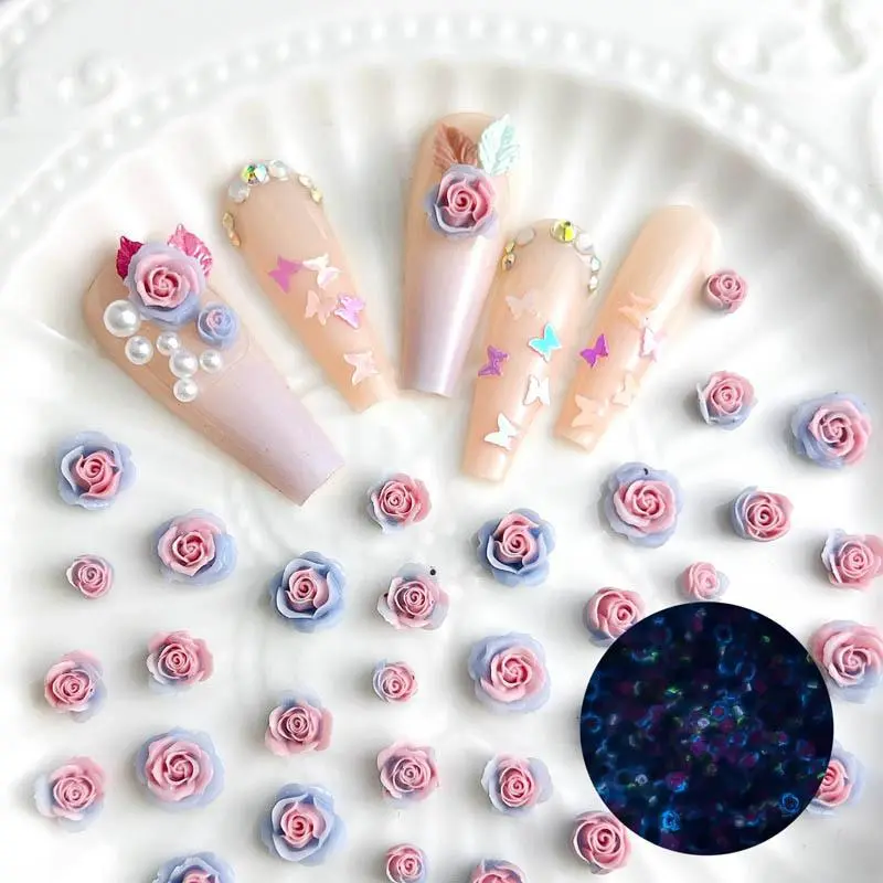 50pcs Luminous Mixed Resin Rose Flower Nail Art Charms DIY Simulated Flower Series Nail Art Decoration Manicure DIY Crafts