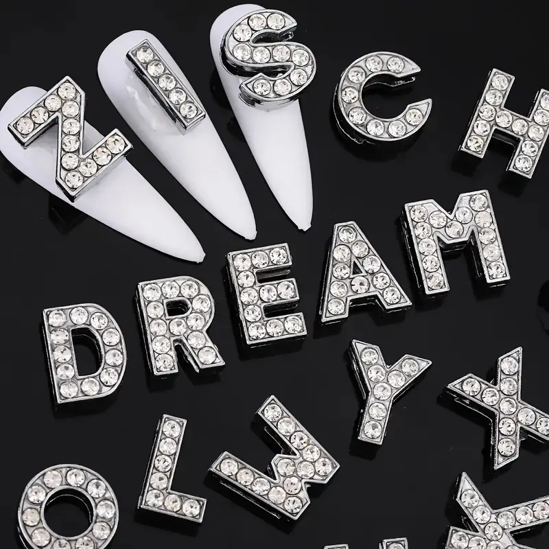 26/10Pcs 8mm Full Diamond Nail Art Letters 3D 26 Letter Luxury Alloy Nail Charms Y2k A-Z Alphabet Rhinestones Nail Art Accessori