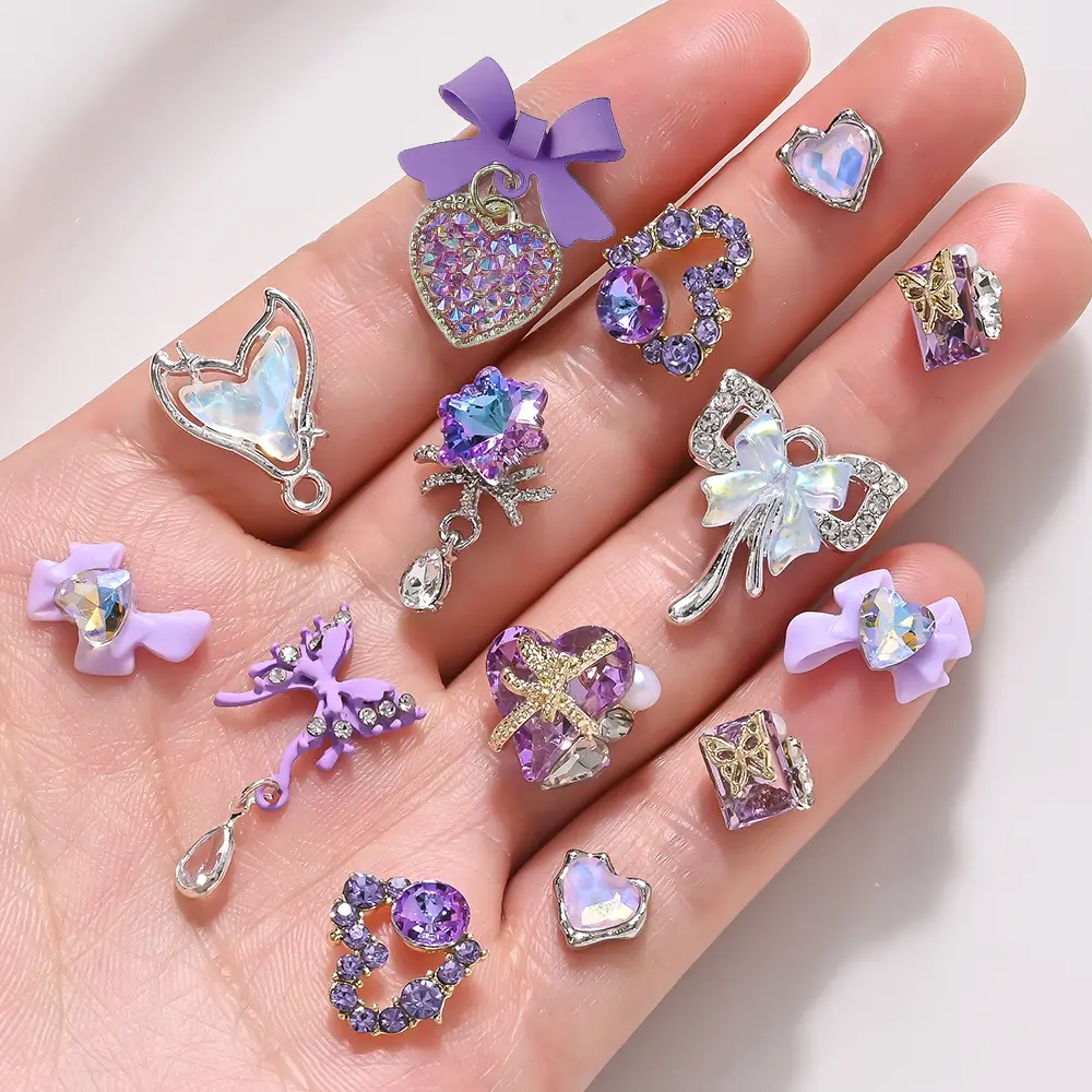 20/22Pcs 3D Butterfly Bow with Pendant Nail Charms Purple Dangle Heart Nail Art Decor Fishtail Nail Gems Luxury Manicure Jewelry