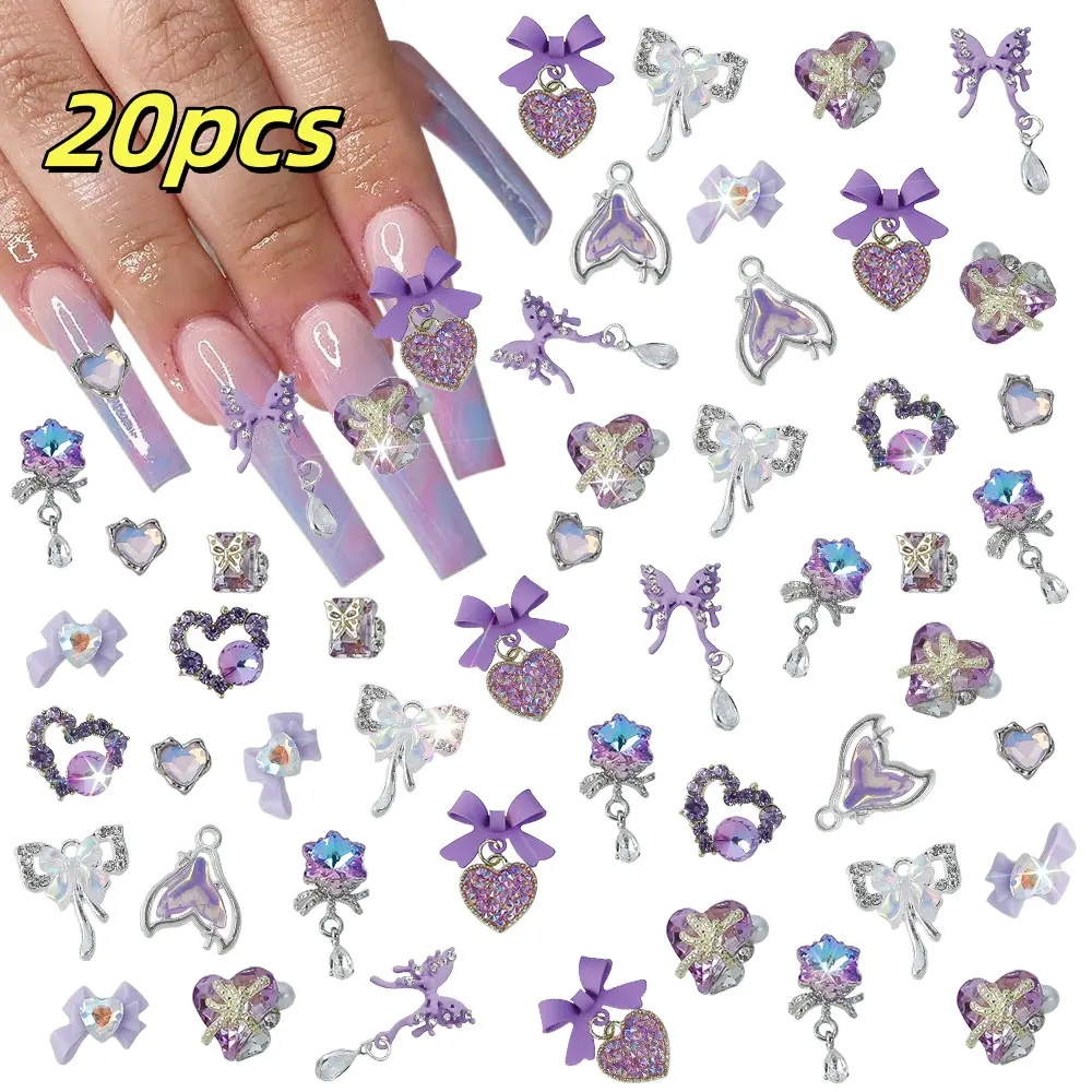 20/22Pcs 3D Butterfly Bow with Pendant Nail Charms Purple Dangle Heart Nail Art Decor Fishtail Nail Gems Luxury Manicure Jewelry