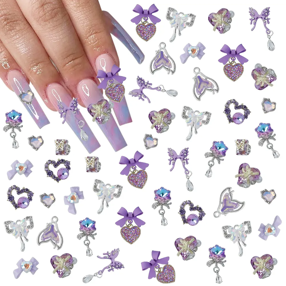 20/22Pcs 3D Butterfly Bow with Pendant Nail Charms Purple Dangle Heart Nail Art Decor Fishtail Nail Gems Luxury Manicure Jewelry