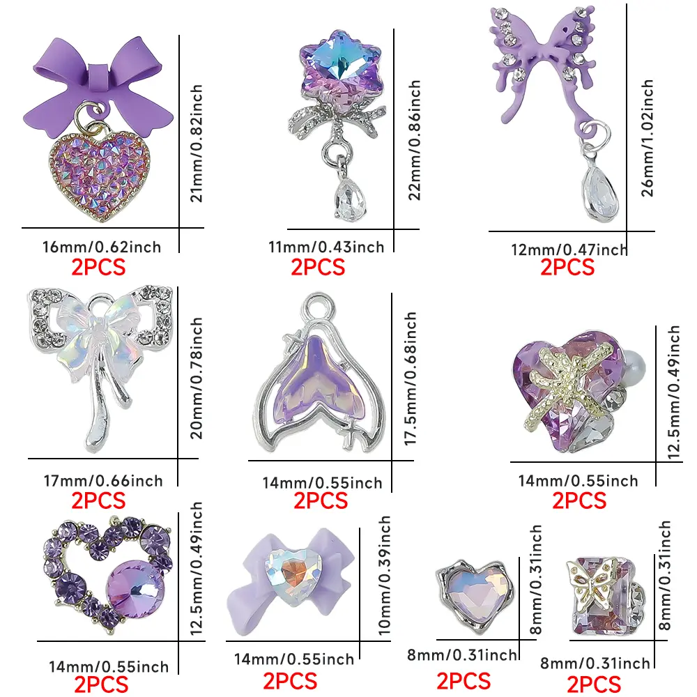 20/22Pcs 3D Butterfly Bow with Pendant Nail Charms Purple Dangle Heart Nail Art Decor Fishtail Nail Gems Luxury Manicure Jewelry