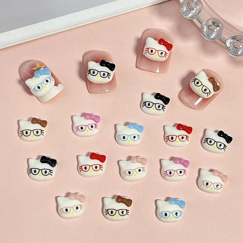 50/100pcs/Lot 3D Glasses Hello Kitty Nail Art Charms Set Cute Cartoon Resin Holiday Manicures Parts Y2K Mini Nail Accessories