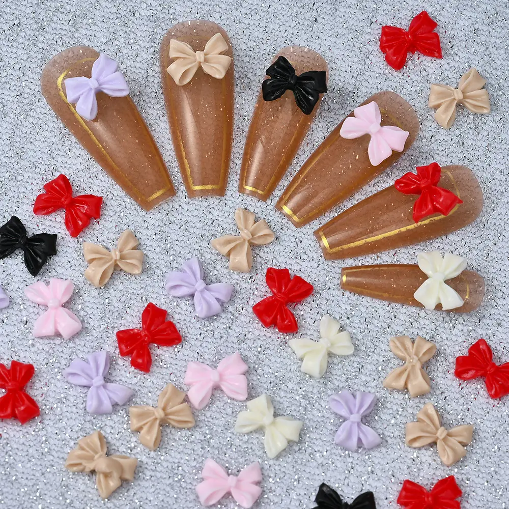 100/50pcs 3D Pink Bow Nail Charms Kawaii Macaron Color Bowknot Resin Nail Art Decoration 10*8mm Mini Ribbon Bowtie Nail Ornament