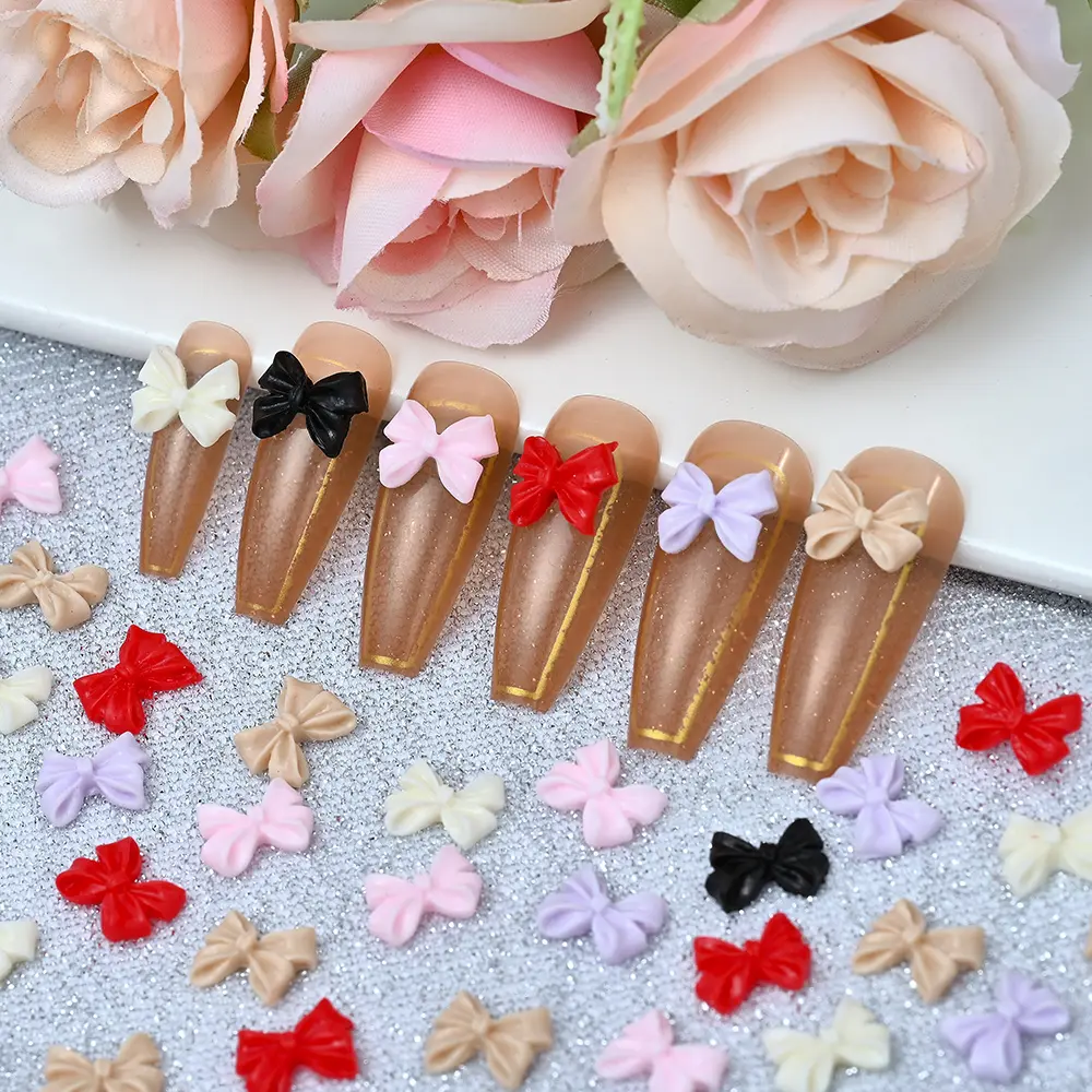 100/50pcs 3D Pink Bow Nail Charms Kawaii Macaron Color Bowknot Resin Nail Art Decoration 10*8mm Mini Ribbon Bowtie Nail Ornament