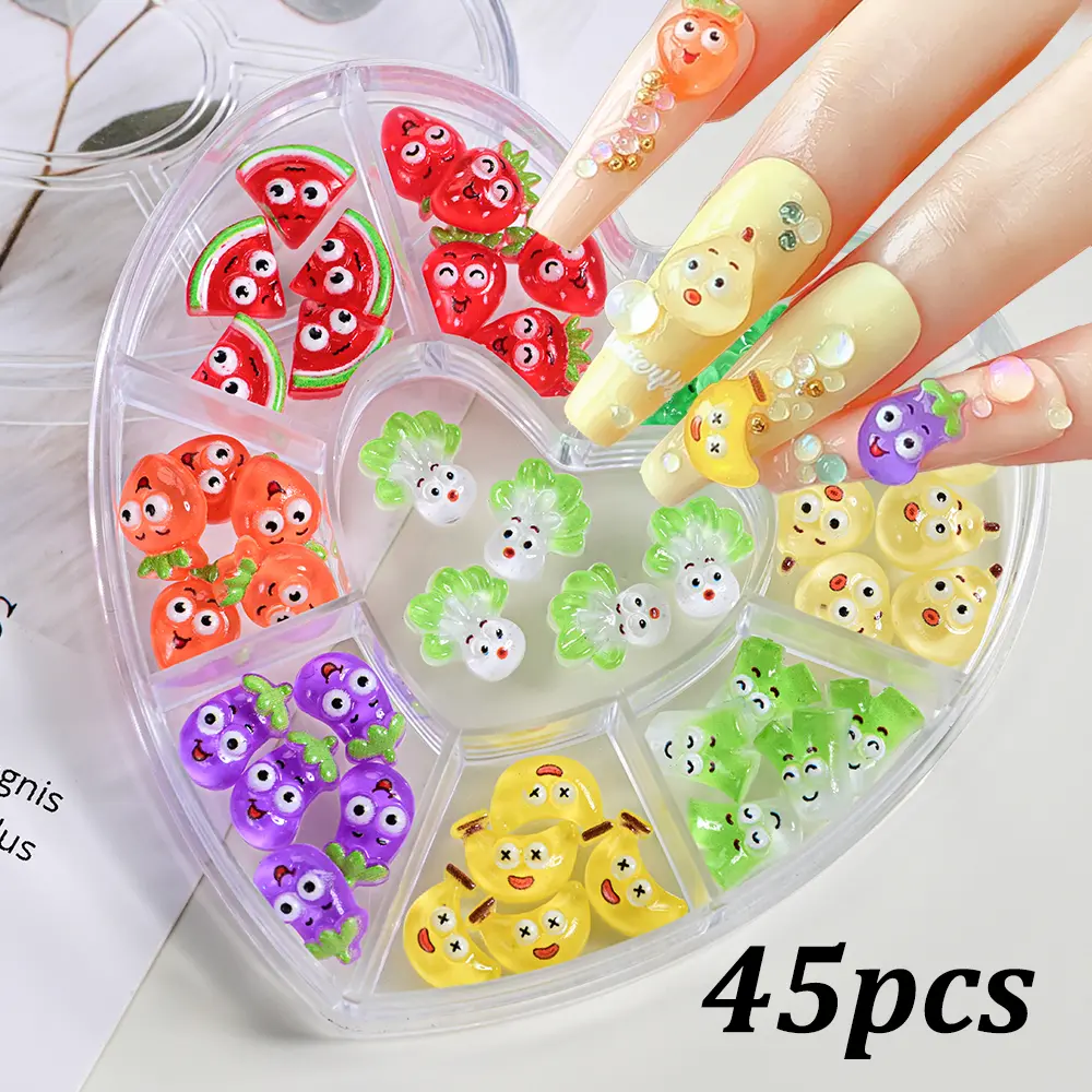 45/50PCS 3D Cute Pear Carrot Strawberry Nail Charm Resin Vegetable Fruit Creative Emoticons Nail Art Rhinestones DIY Crafts Deco