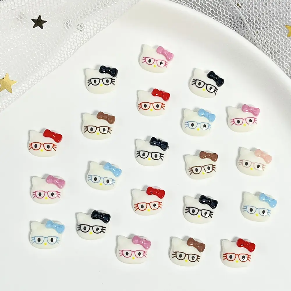 50/100pcs/Lot 3D Glasses Hello Kitty Nail Art Charms Set Cute Cartoon Resin Holiday Manicures Parts Y2K Mini Nail Accessories