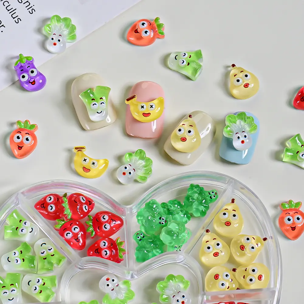 45/50PCS 3D Cute Pear Carrot Strawberry Nail Charm Resin Vegetable Fruit Creative Emoticons Nail Art Rhinestones DIY Crafts Deco
