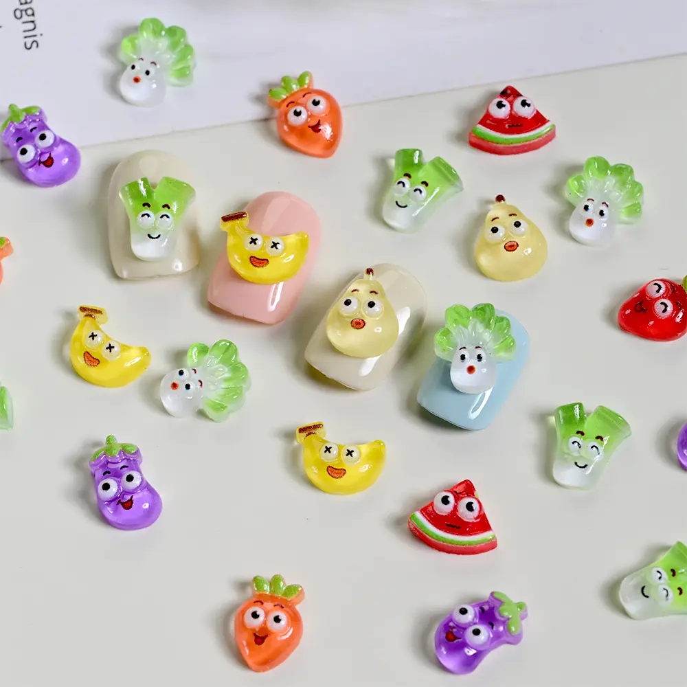 45/50PCS 3D Cute Pear Carrot Strawberry Nail Charm Resin Vegetable Fruit Creative Emoticons Nail Art Rhinestones DIY Crafts Deco