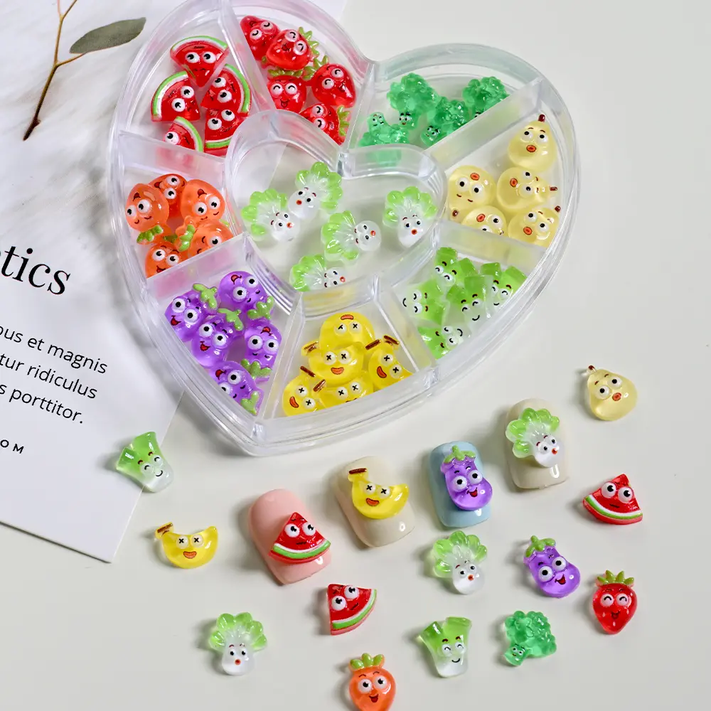 45/50PCS 3D Cute Pear Carrot Strawberry Nail Charm Resin Vegetable Fruit Creative Emoticons Nail Art Rhinestones DIY Crafts Deco