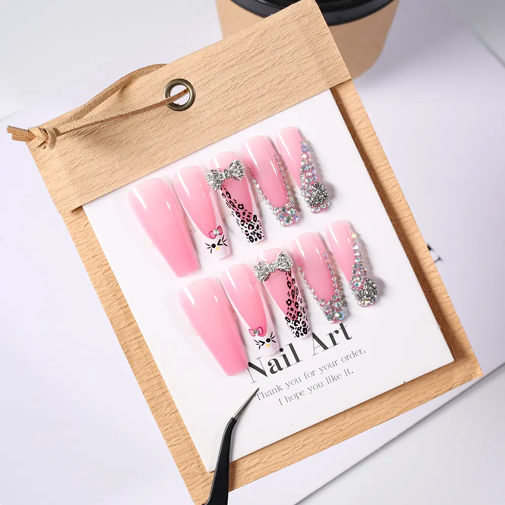 24pcs XL Long Coffin Full Diamond Pink False Nails Leopard print kitty Bow Rhinestones press on Fake nails Luxury Wearable Nails