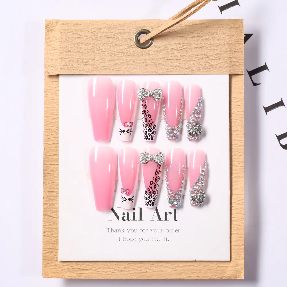 24pcs XL Long Coffin Full Diamond Pink False Nails Leopard print kitty Bow Rhinestones press on Fake nails Luxury Wearable Nails