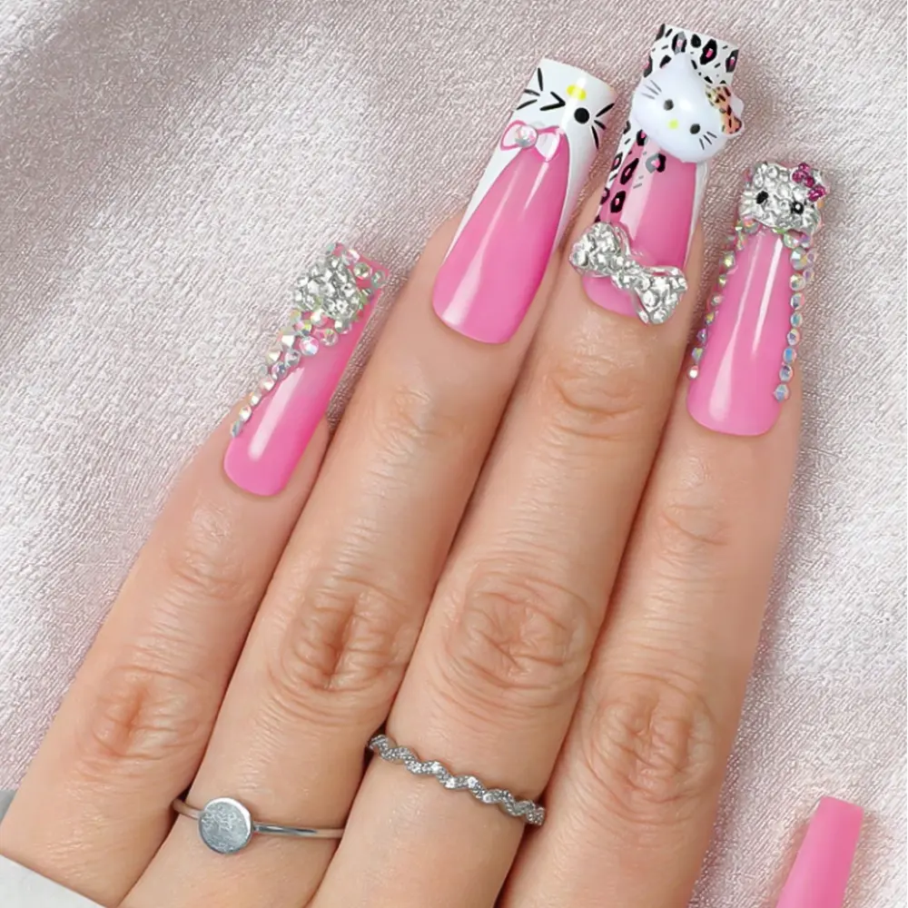 24pcs XL Long Coffin Full Diamond Pink False Nails Leopard print kitty Bow Rhinestones press on Fake nails Luxury Wearable Nails