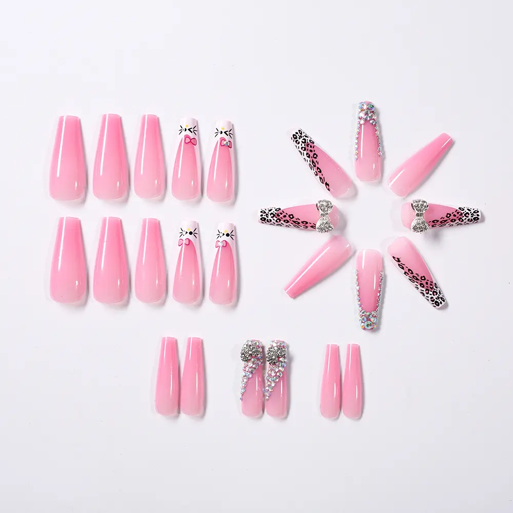 24pcs XL Long Coffin Full Diamond Pink False Nails Leopard print kitty Bow Rhinestones press on Fake nails Luxury Wearable Nails