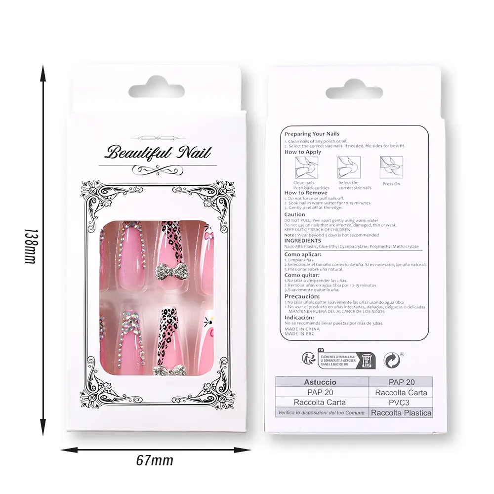 24pcs XL Long Coffin Full Diamond Pink False Nails Leopard print kitty Bow Rhinestones press on Fake nails Luxury Wearable Nails