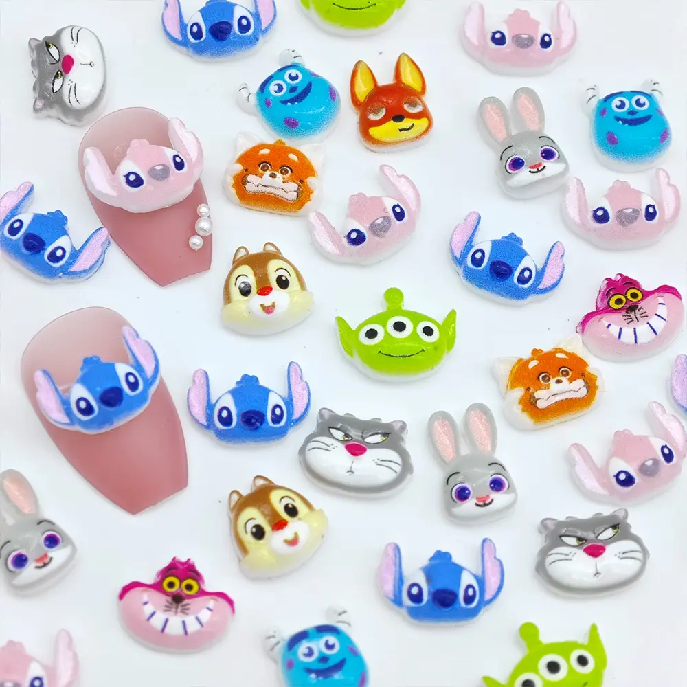 50pcs 3D Stitch Cartoon Animal City Nail Charms Cute Rabbit Cat Fox Squirrel Anime Character DIY Hairpin Crafts Nail Art Decorat