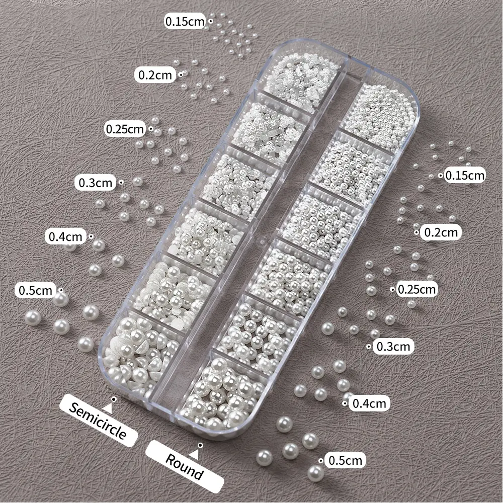 New 3D Half Round Pearl Nail Charms 1.5-5mm Mix Size Imitation Pearls For Nail Art DIY Nail Jewels Decor Supplies 12 Grids