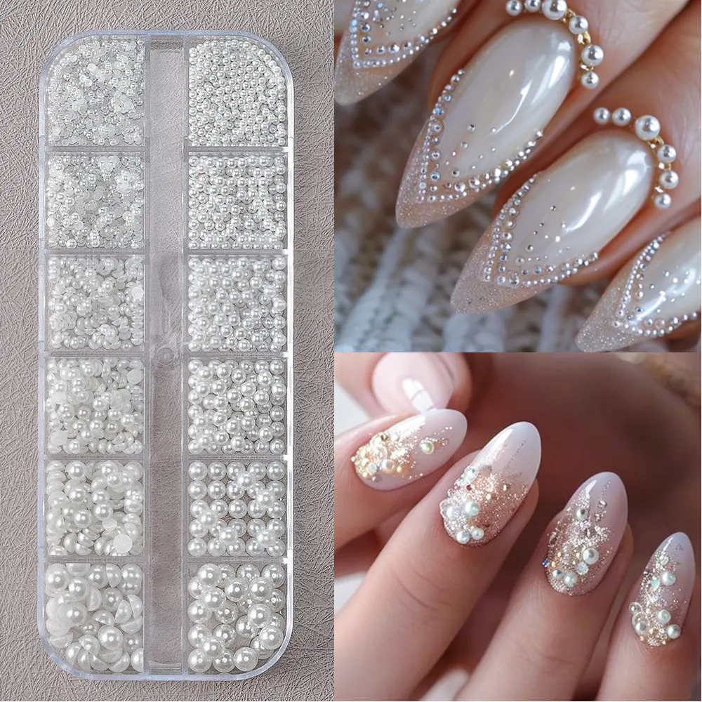 New 3D Half Round Pearl Nail Charms 1.5-5mm Mix Size Imitation Pearls For Nail Art DIY Nail Jewels Decor Supplies 12 Grids