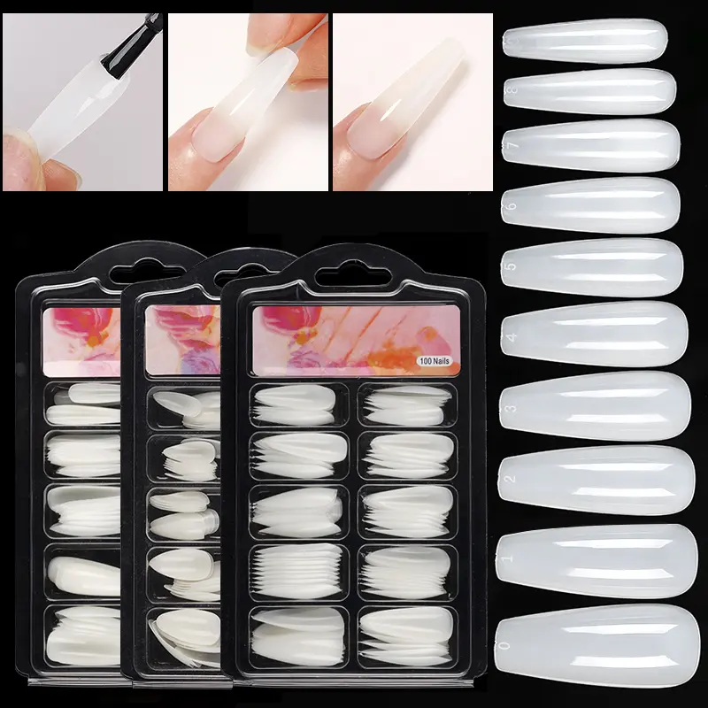 100Pcs/box Quick Extension Full Cover Fake Nails Clear White Water Drop Coffin False Nails Tips Finger Extension Nail Art Mold