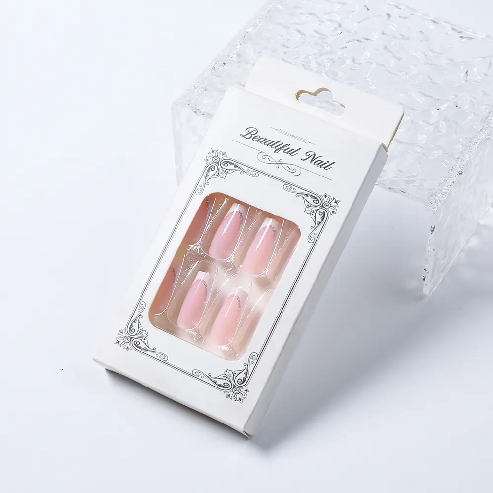 24Pcs Short Square Coffin False Nails French Glitter Wearable Fake Nails Acrylic Full Cover Women Ballet Press on Nails Tips