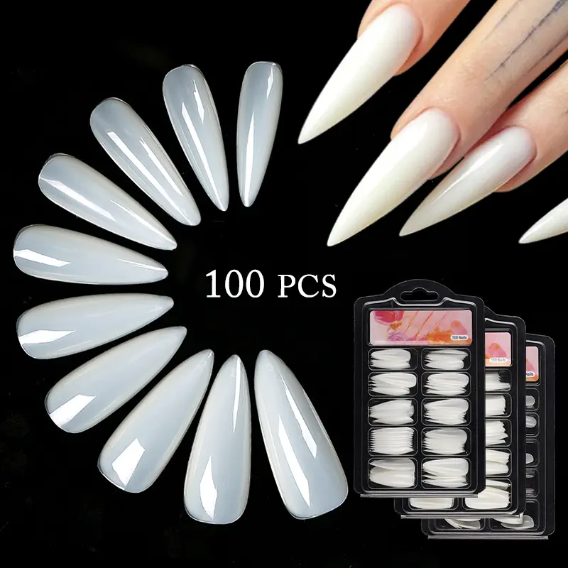 100Pcs/box Quick Extension Full Cover Fake Nails Clear White Water Drop Coffin False Nails Tips Finger Extension Nail Art Mold