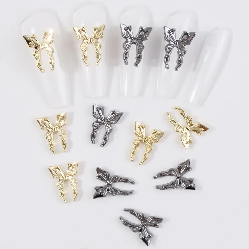 10/20pcs Gold/Silver Liquid Metal Butterfly Nail Charms Alloy Nail Rhinestones Butterflies Wings Jewels Nail Supplies Decoration